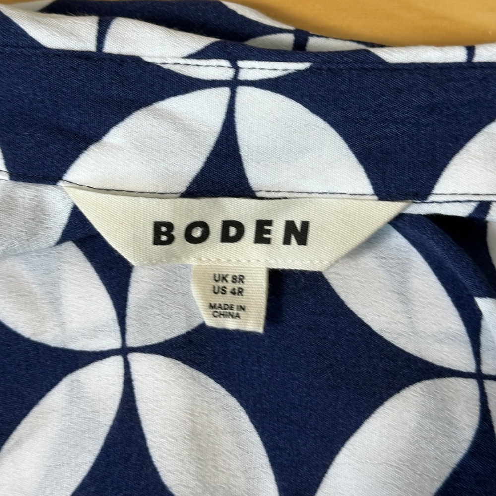 Boden Shirt Dress Geometric Petal Print 4R Navy White Belted Long Sleeve Midi - Picture 7 of 9